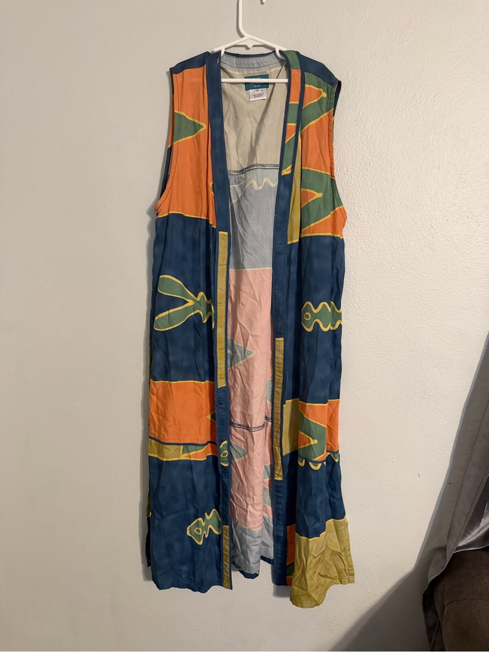 90s Vintage style Simply Southwest Color Block Long Duster Vest Small Aztec 45"